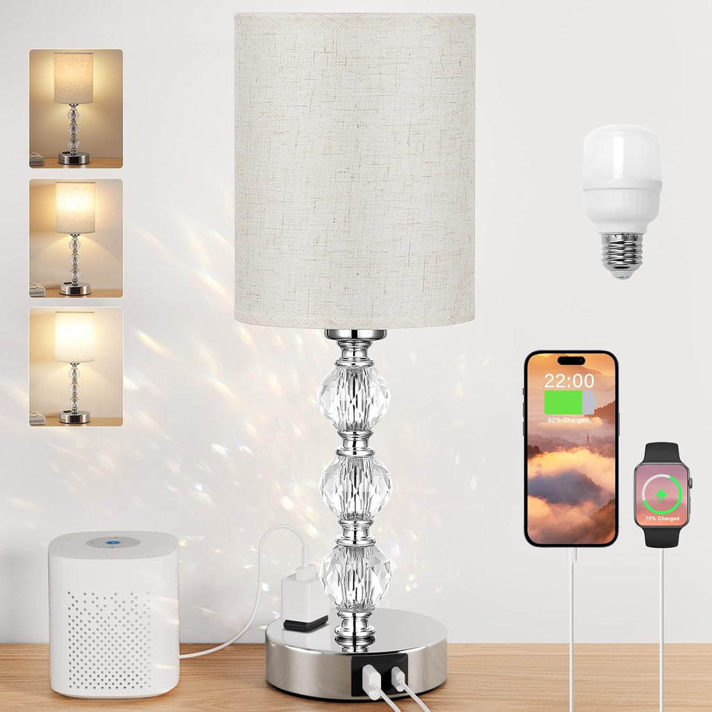 White Touch Bedside Lamps for Bedrooms - Crystal Table Lamp with USB C+A Charging Port and AC Outlet Nightstand, 3 Way Dimmable Silver…