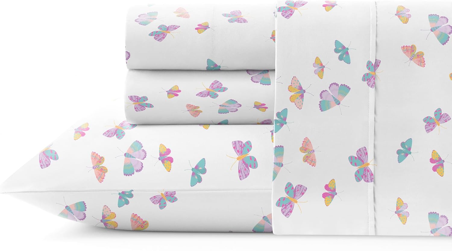 Pointehaven Butterfly Fairy Printed Cotton Percale 4 pc Sheet Set, Full