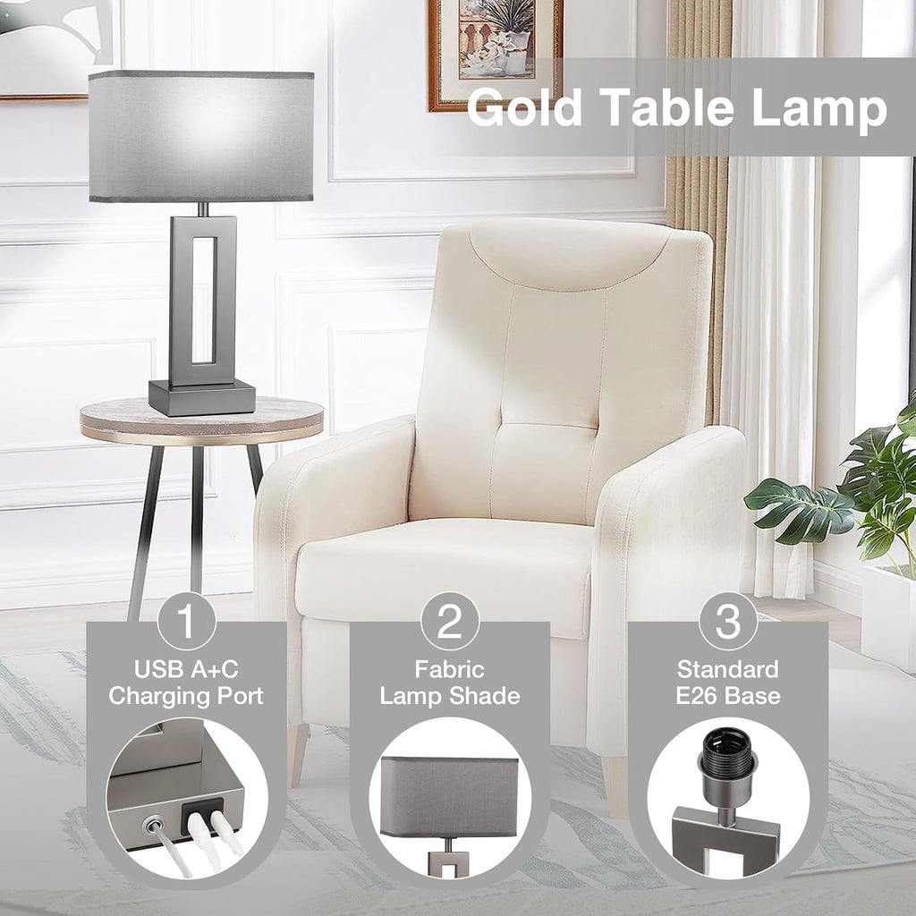 Seealle Bedroom Table Lamps Set of 2 - Grey Touch Bedside Lamps with USB C+A, 3 Way Dimmable Gold Lamp for Nightstand, Modern Night…