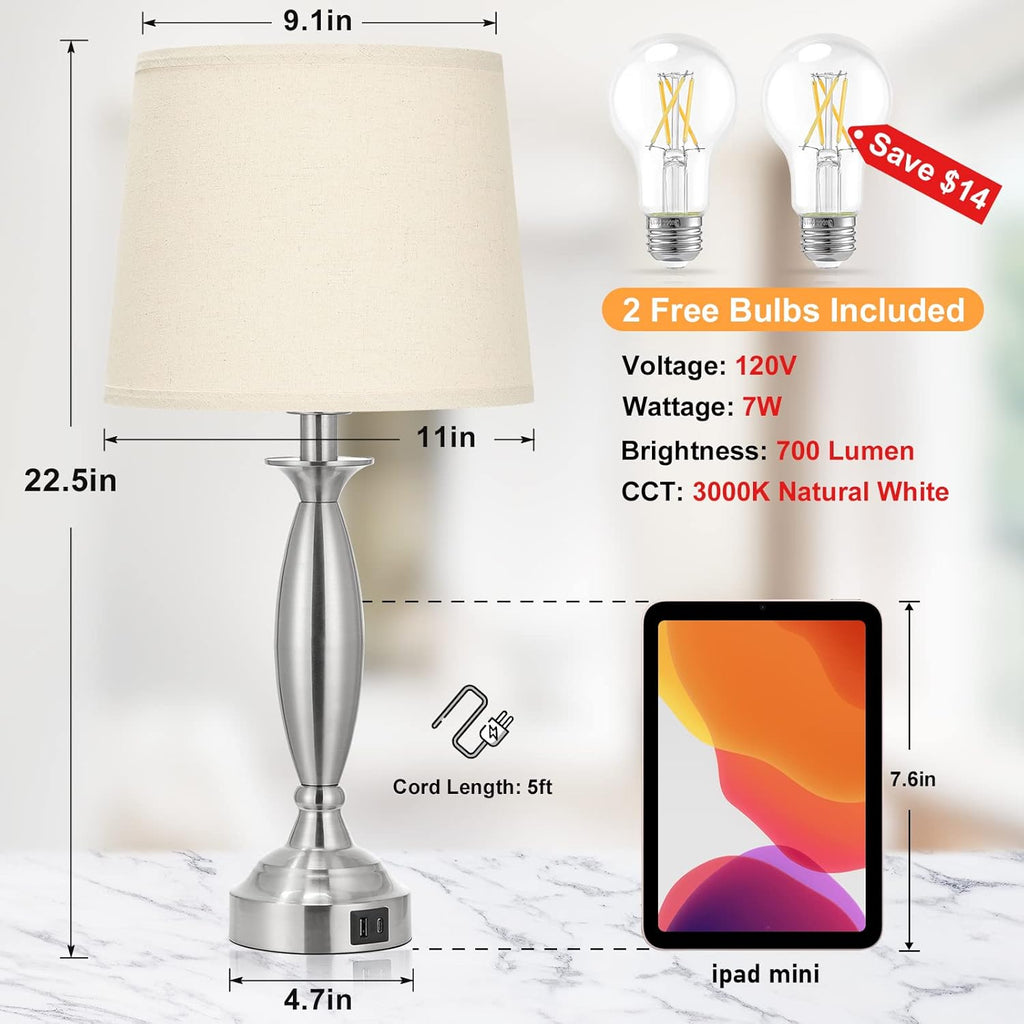 Seealle Beige Lamps for Bedrooms Set of 2 - Touch Control Bedside Lamp with USB C+A, 3 Way Dimmable Nightstand Lamps with USB Port, Table…