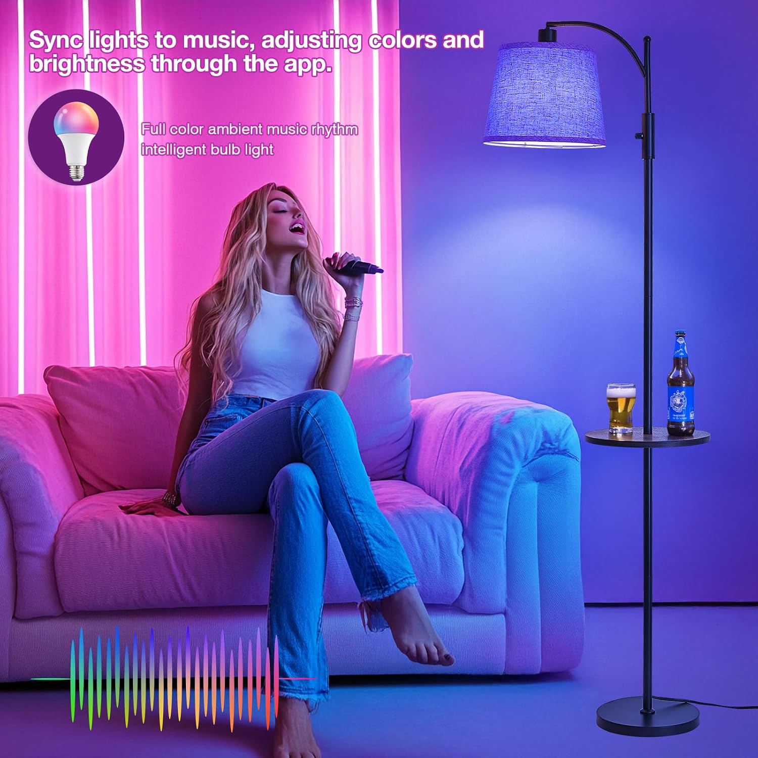 LightingyourhomeandLifewithus AIDENOEY Smart Floor Lamp with Side Table | Stepless Dimming, RGB Multi-Color | Adjustable Swivel Head | Voic…