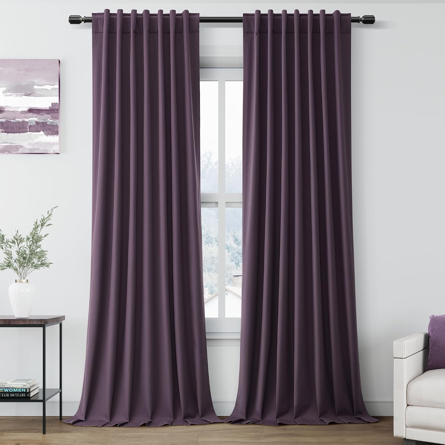 Nanspring Plum 100% Blackout Linen Curtains 108 Inches Long for Bedroom Back Tab Thermal Insulated Luxury Modern Boho Decor Black Out Curta…