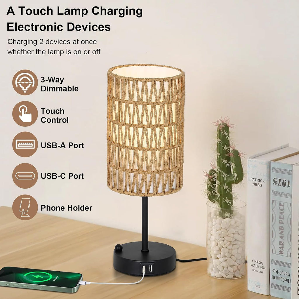 Touch Table Lamp Set of 2 For Bedroom with Bulb, Boho Small Desk Lamp For Living Room With Rattan & Linen Shade, 3 Way Dimmable Bedside…