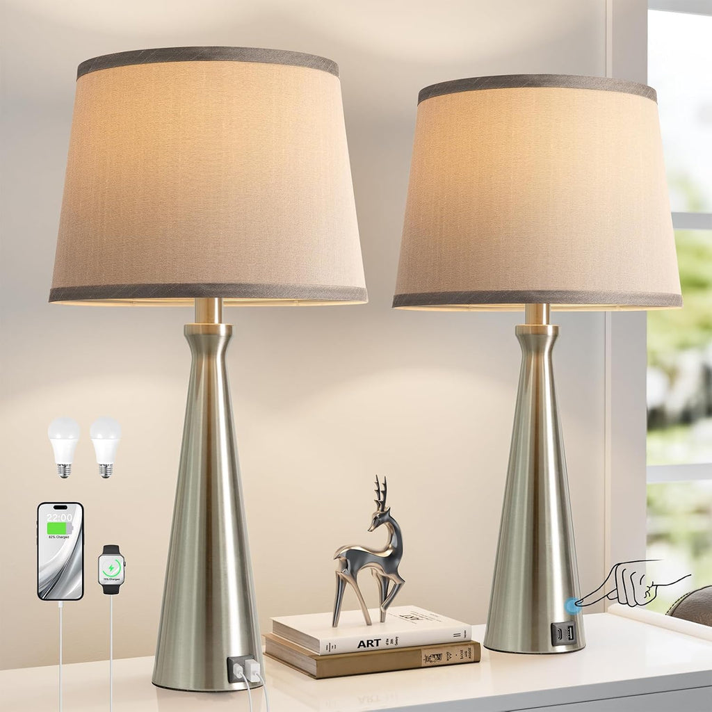 Seealle Modern Table Lamps Set of 2 - Touch Bedside Lamp for Nightstand with Dual USB C+A,3-Way Dimmable Silver Nightstand Lamps for…