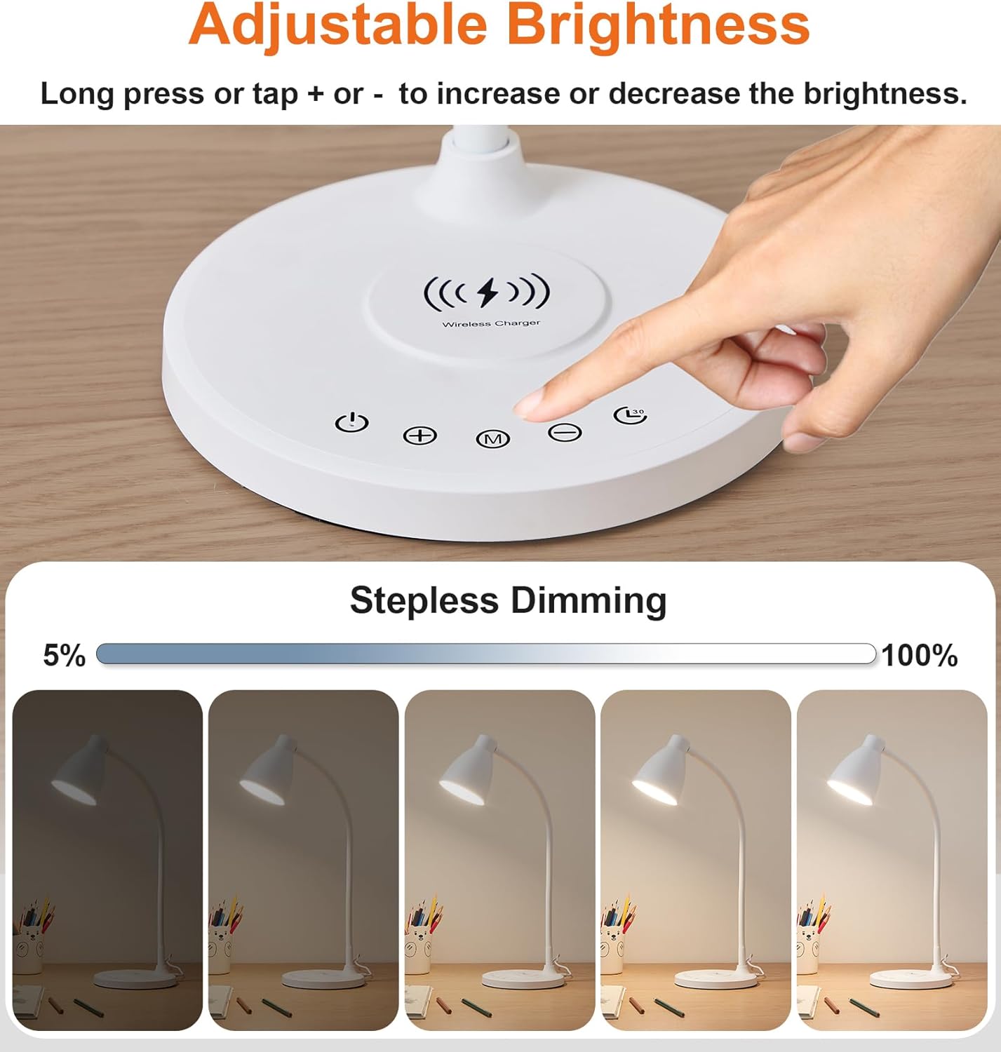 BOHON Desk Lamp for Home Office, LED Desk Light with USB C+A Charging Ports, Wireless Charger, 5 Colors Stepless Dimming Reading Light…