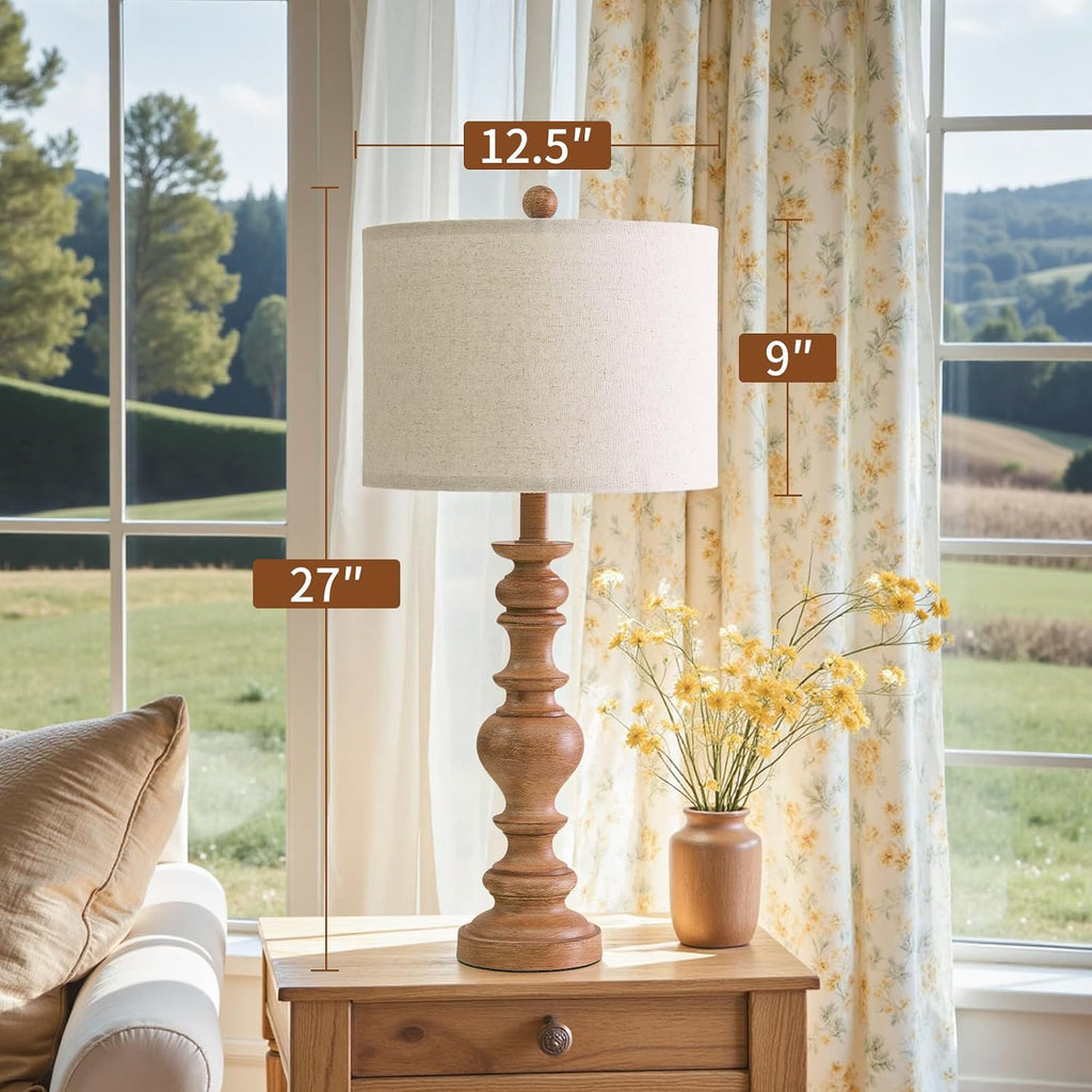 BOBOMOMO 27" Light Brown Table Lamps Set of 2, Large Farmhouse Resin Lamps with Linen Shades, Rustic Vintage Lamps for Living Room…
