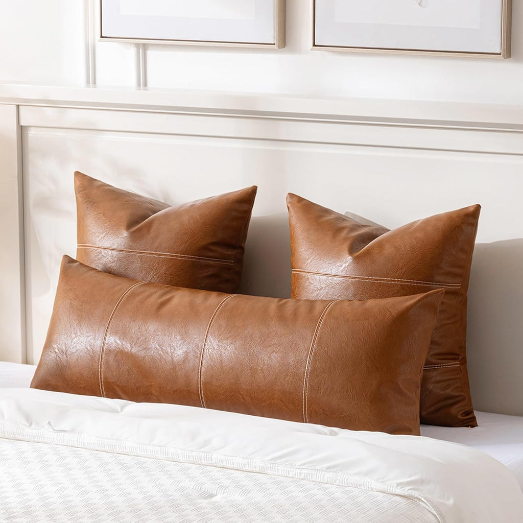 Fancy Homi Brown Boho Long Lumbar Faux Leather Body Decorative Throw Pillow Cover 14x36 Inch for Bedroom Couch Bed Sofa Bench, Hand…