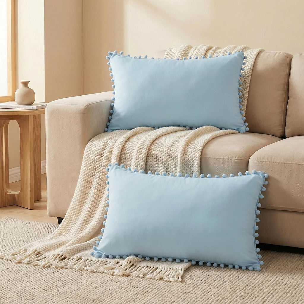 Moveover Sky Blue Pom Poms Pillowcases, Blue Standard Pillow Cases Set of 2, 100% Washed Microfiber, Pale Blue Ball Fringe Pillow Cover, 2 P…