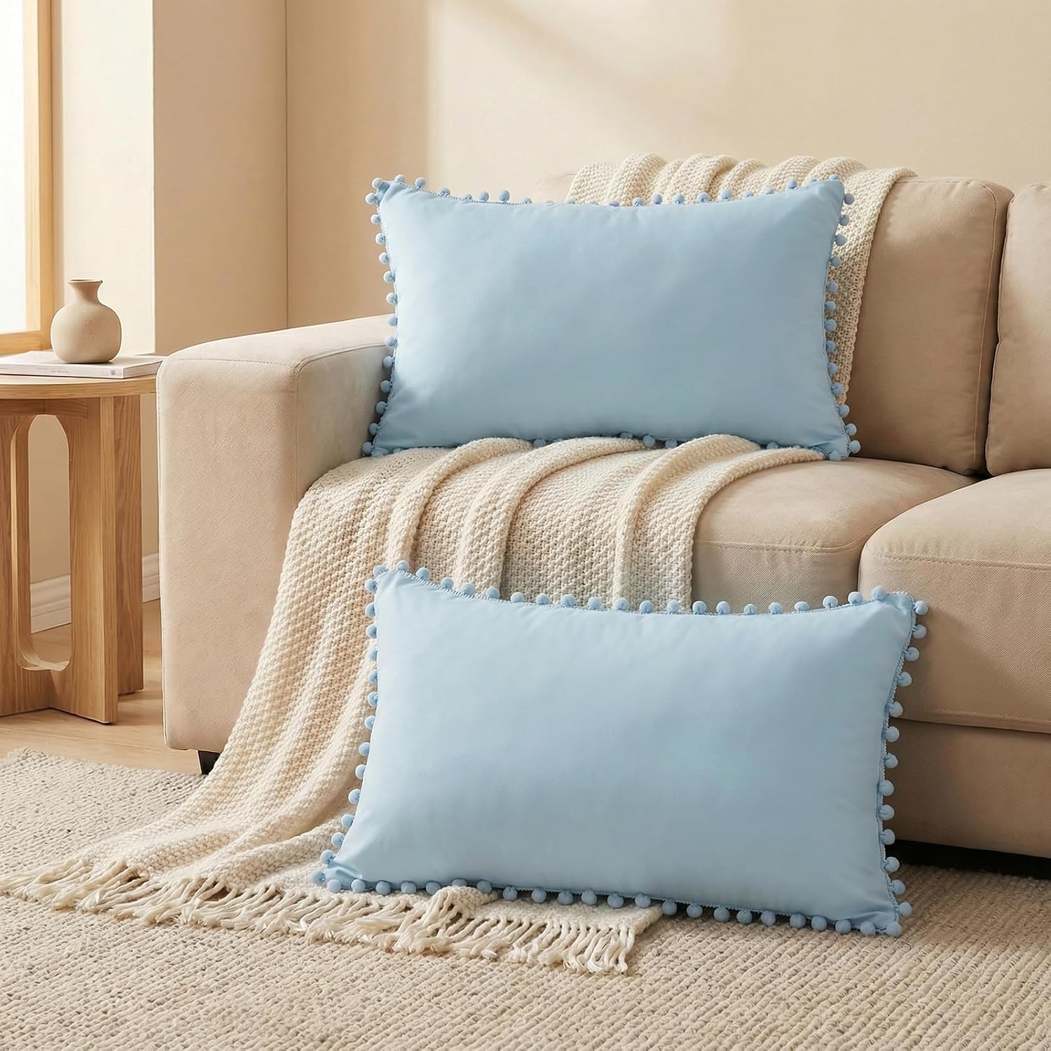 Moveover Blue Pom Poms Pillow Cases, Sky Blue Pillowcases Set of 2, 100% Soft Washed Microfiber, Blue Pillow Shams King, 2 Pack (King, Sky…