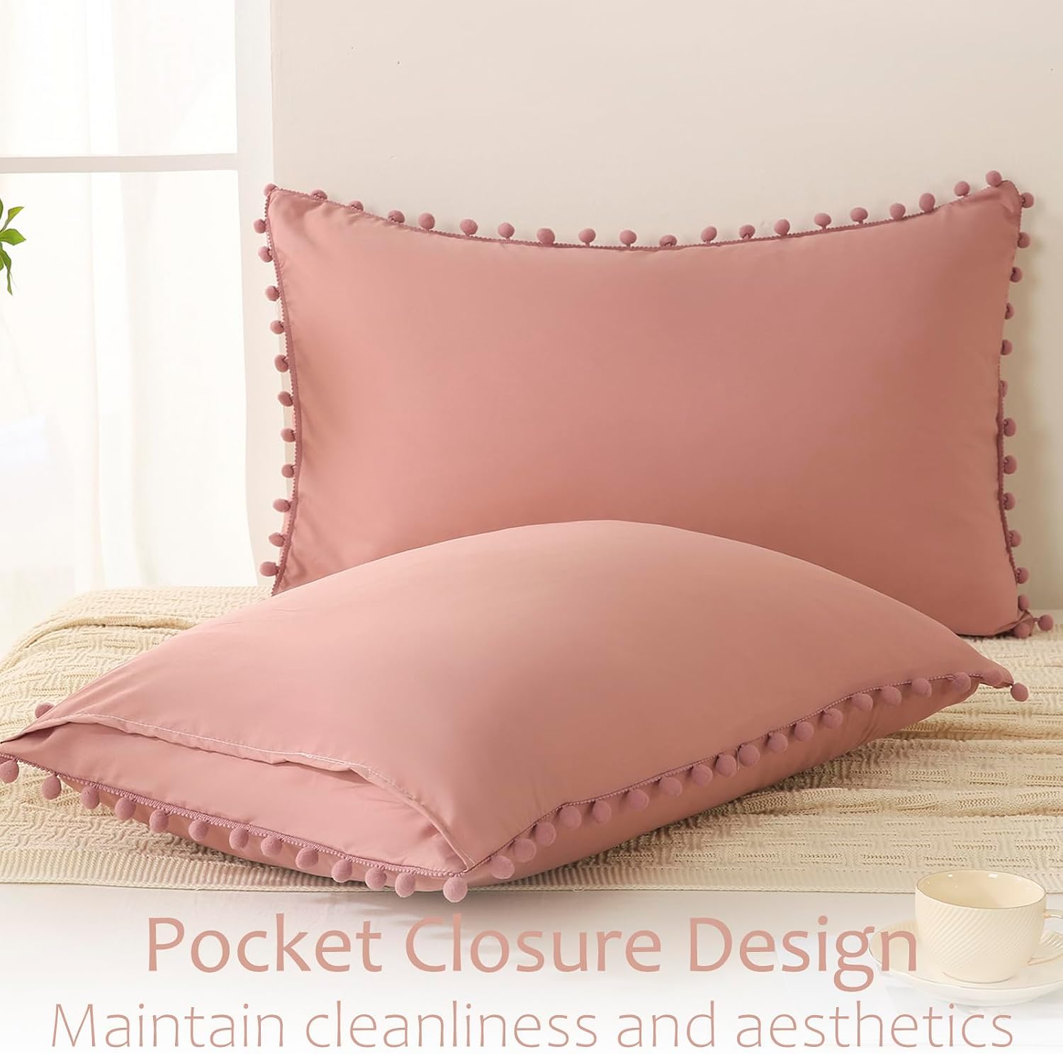 Moveover Bean Paste Pink Pom Poms Pillowcases, Standard Queen Pillow Cases Set of 2, 100% Washed Microfiber, Pink Ball Fringe Pillow Cover,…