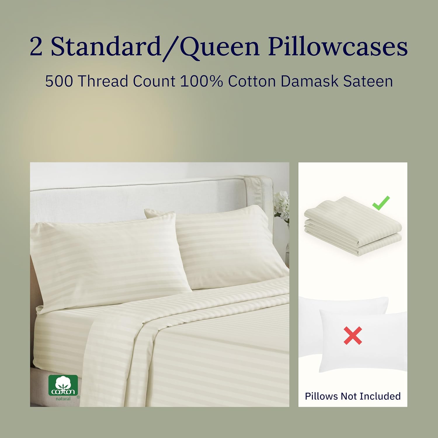 CALIFORNIA DESIGN DEN Soft & Silky 500 Thread Count 100% Cotton is Cool & Smooth, 2 Pillow Cases Standard Size Cotton Fits Standard &…
