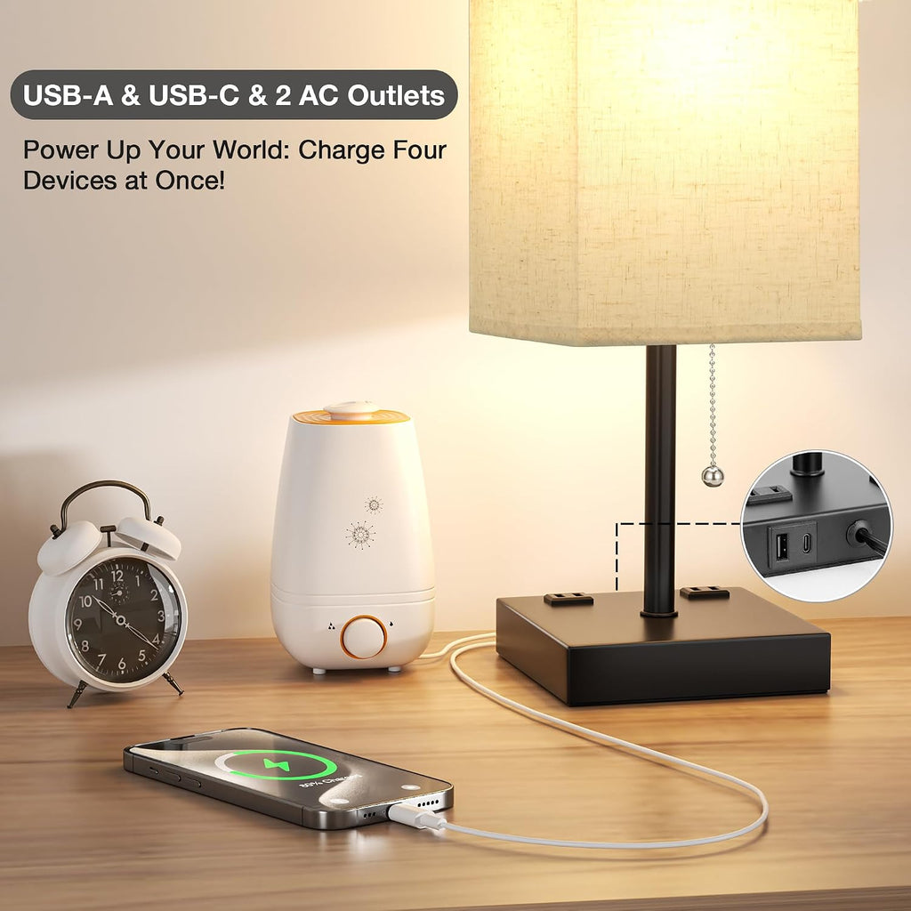 Aooshine Beige Table Lamp for Bedroom - 3 Color Temperature 3000K 5000K 4000K Bedside Lamp, Pull Chain Control, USB A and C Ports, AC Outle…
