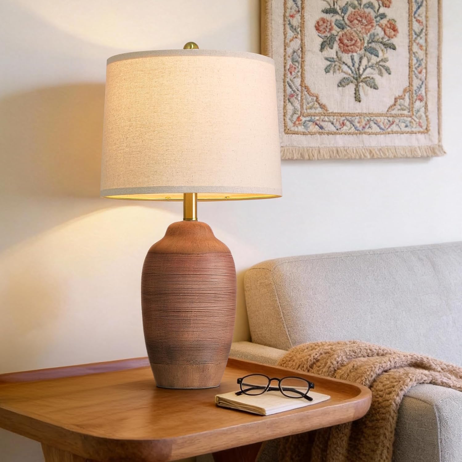 USumkky 24.5" Single Rustic Terracotta Brown Handcrafted Ceramic Table Lamp 5FT Cord, Farmhouse Vintage Lamp with Linen Drum Shade, Bedside…