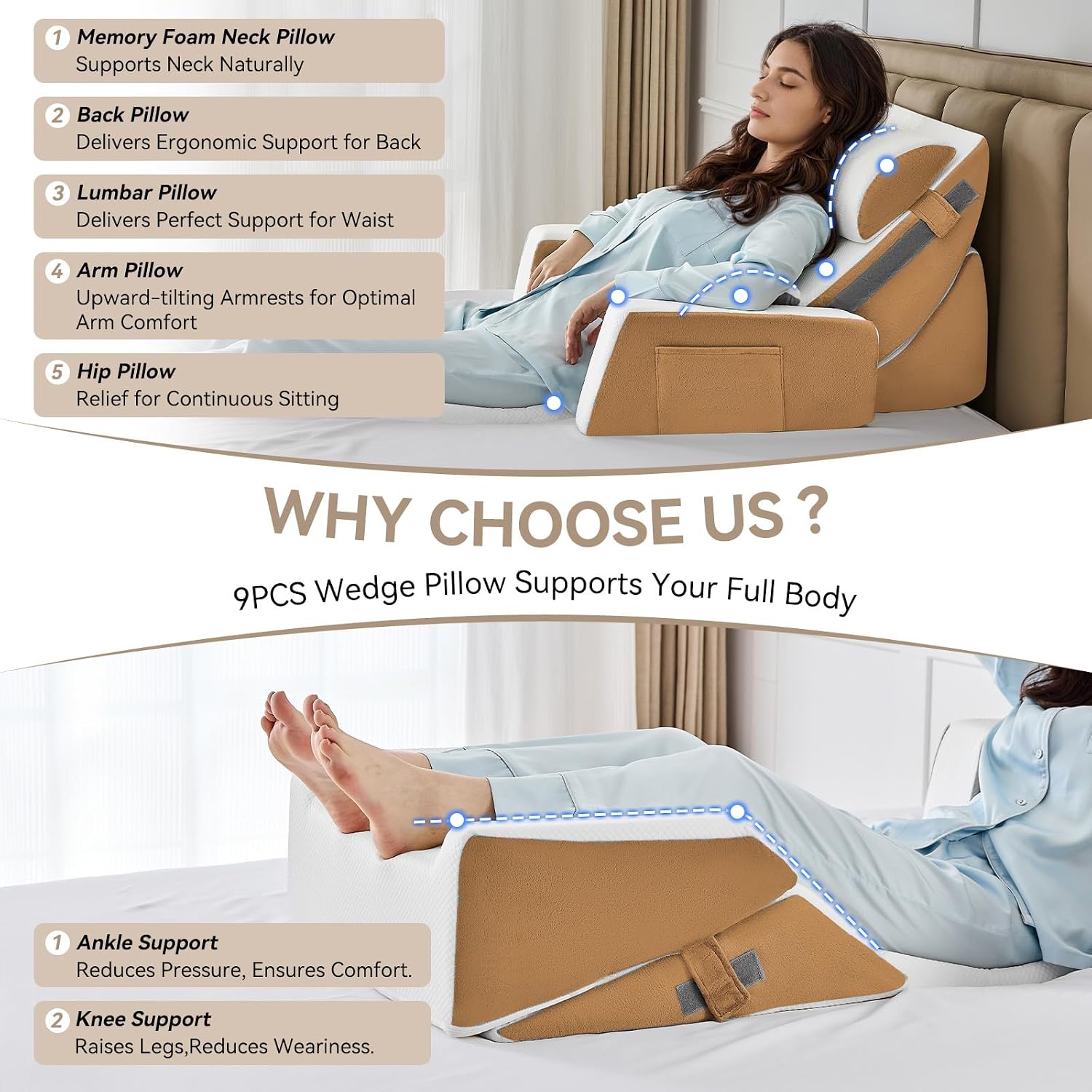 Yojoker 9PCS Orthopedic Bed Wedge Pillow Set for Sleeping, Back and Leg, Post Surgery Foam Pillow for Body, Triangle Adjustable Support Pi…