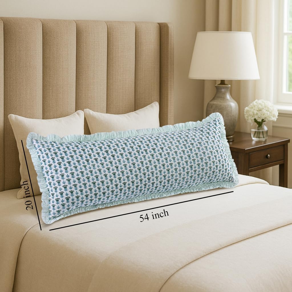 Ridhi Block Print Aquamarine Blue 54"x20" Set 1-100% Cotton Ruffle Lumbar Sham Cover Boho Floral Pillowcase, Farmhouse Cottagecore…