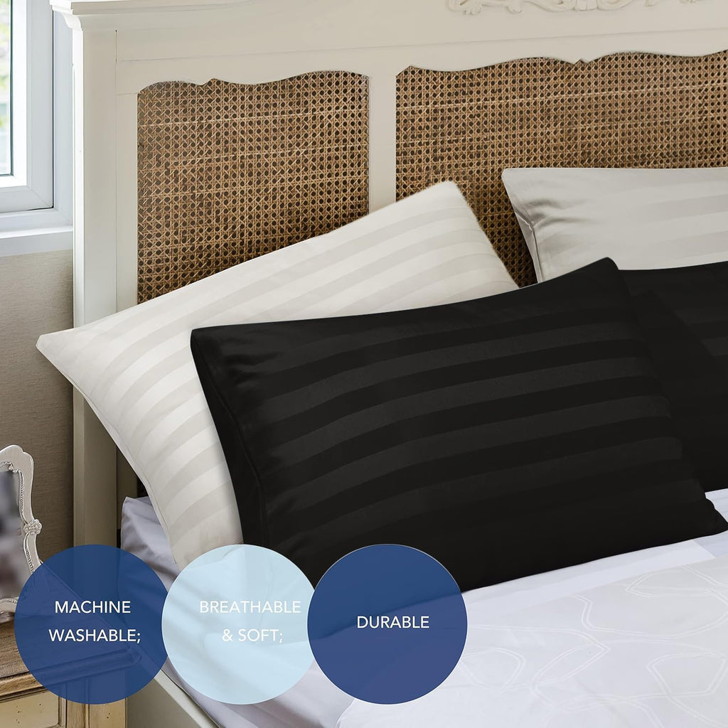 ZaizaiHome Pillow Cases Queen Size, 100% Egyptian Cotton Pillow Protectors with Zipper, 400 Thread Count Sateen Weave Black Stripe Pillowca…
