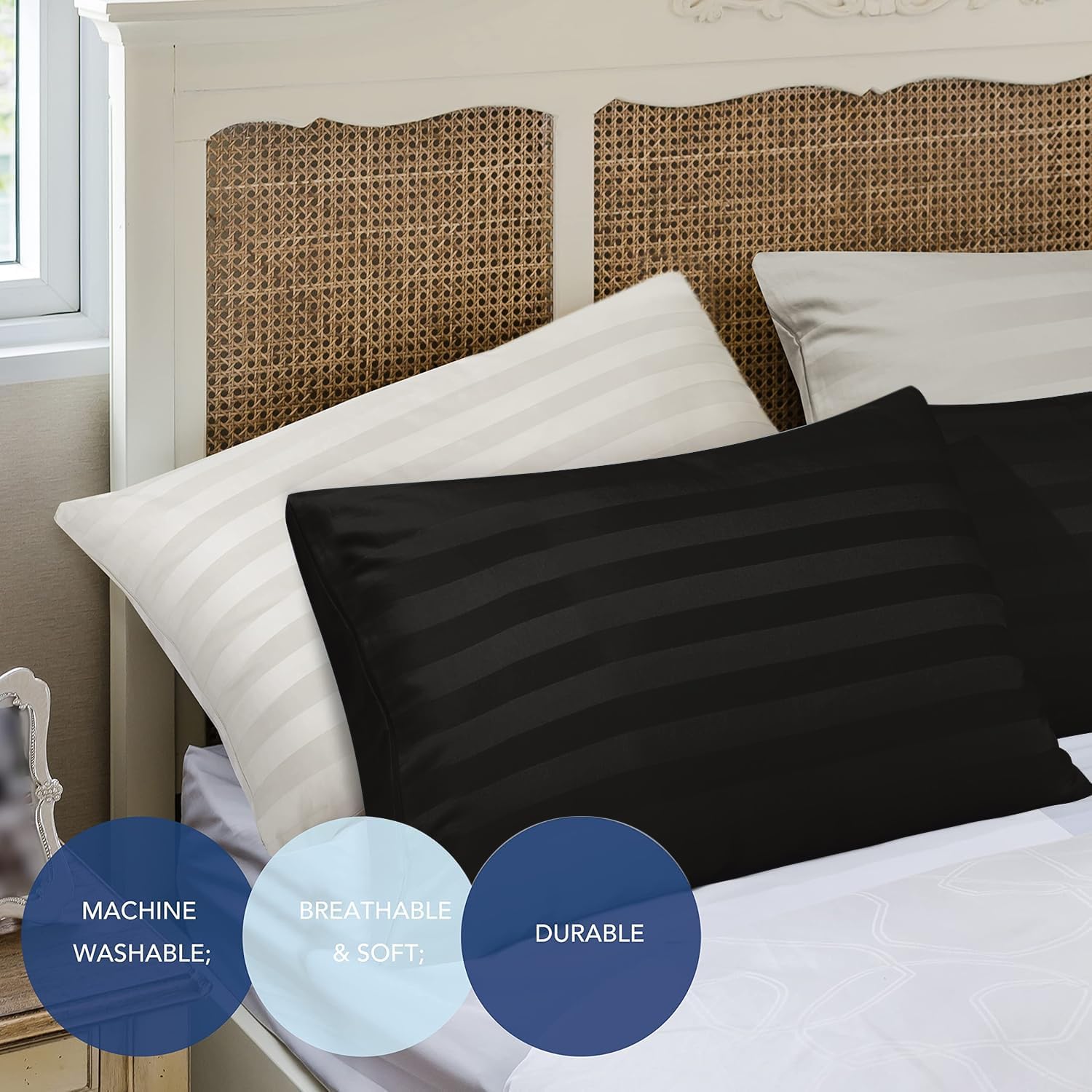 ZaizaiHome Pillow Cases Queen Size, 100% Egyptian Cotton Pillow Protectors with Zipper, 400 Thread Count Sateen Weave Black Stripe Pillowca…