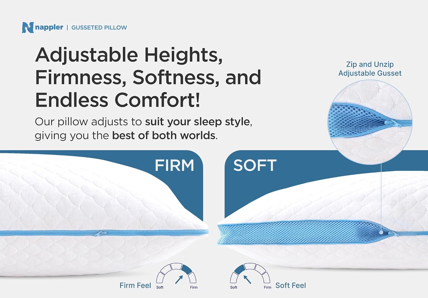 Nappler Side and Back Sleeper Pillow for Neck and Shoulder - Shredded Memory Foam Bed Pillow for Sleeping - 100% Adjustable Fill - King Siz…