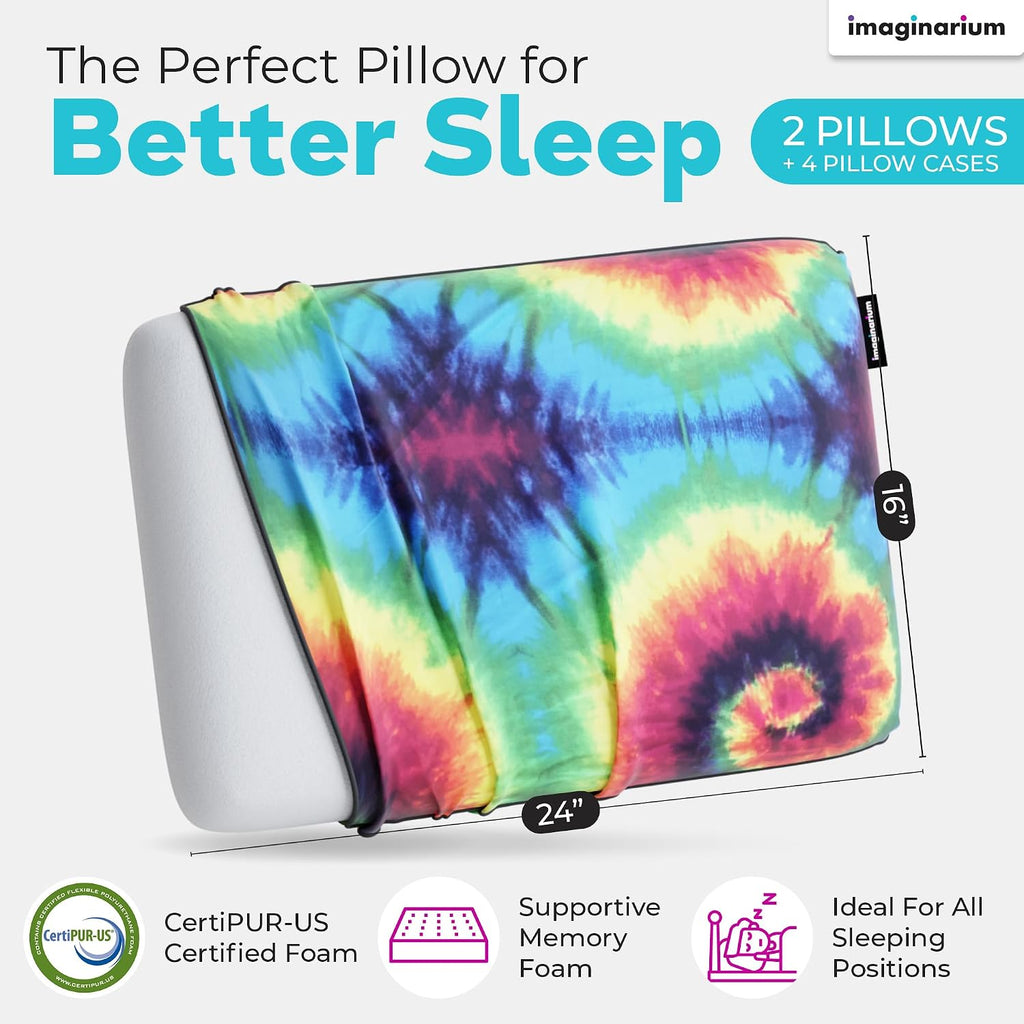 Imaginarium 2 Pack Memory Foam Pillows for Bed – 16" x 24" Standard – Fun Decorative Colorful Pillow for Sleeping – Back, Stomach & Side…