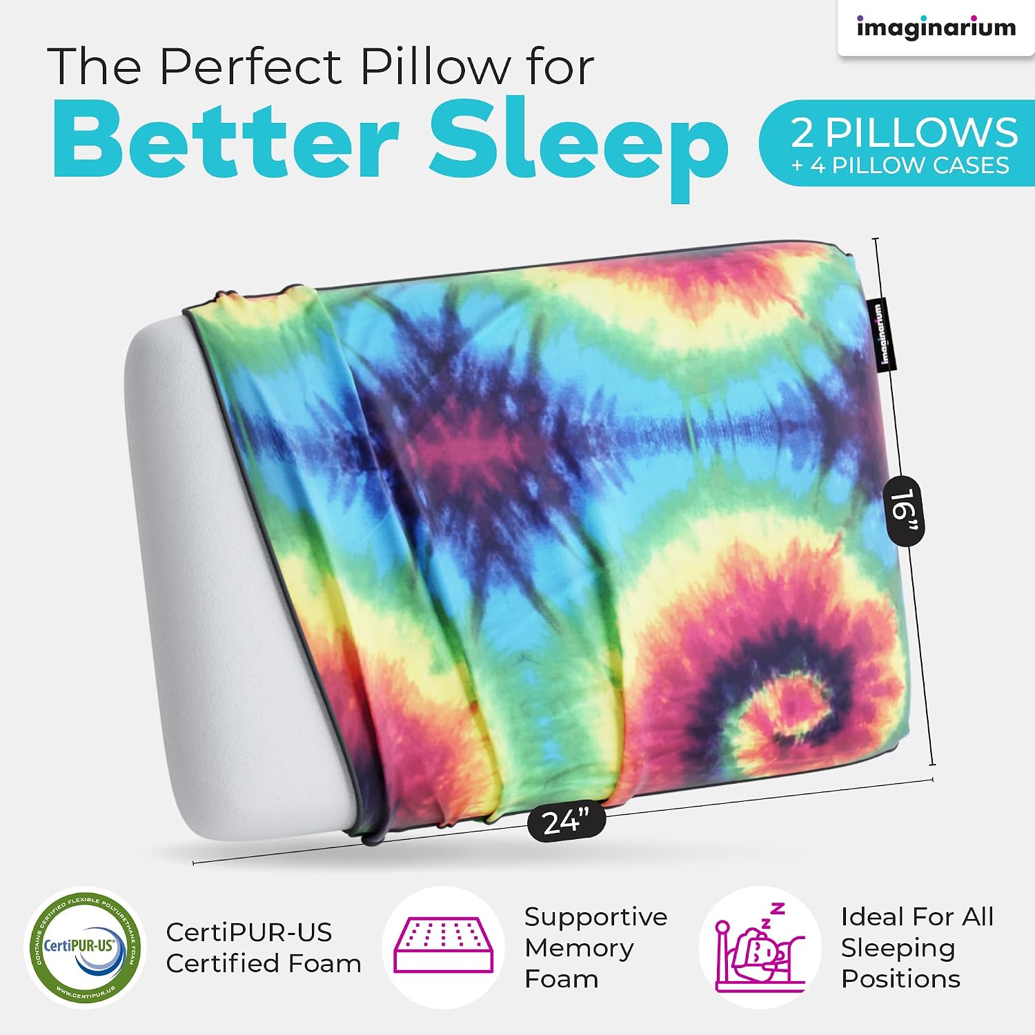 Imaginarium 2 Pack Memory Foam Pillows for Bed – 16" x 24" Standard – Fun Decorative Colorful Pillow for Sleeping – Back, Stomach & Side…