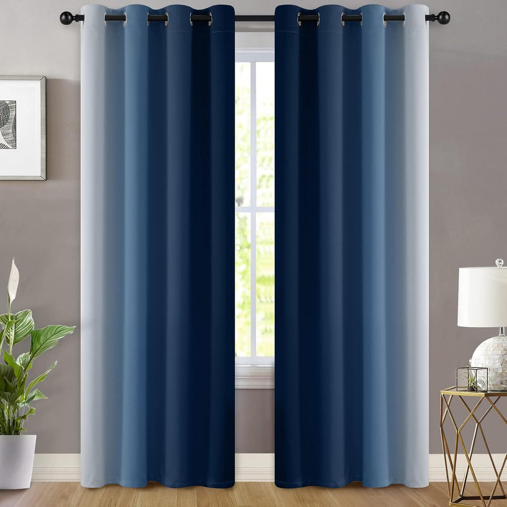 Yakamok Blue Ombre Curtains Room Darkening Grommet Curtains for Bedroom, Light Blocking Thermal Insulated Window Drapes for Living Room(2 P…