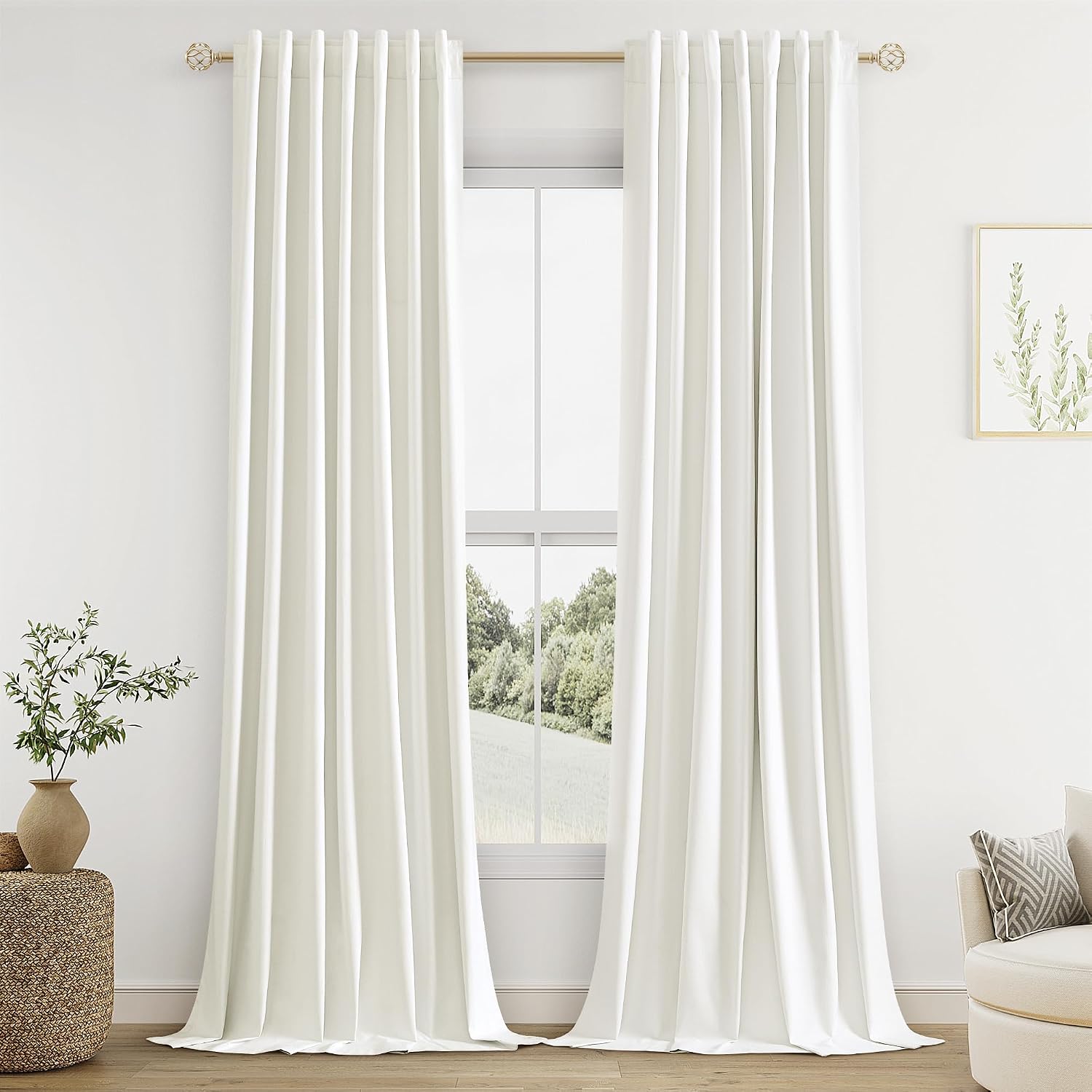 Guken Ivory 100% Blackout Linen Curtains 108 Inch Length 2 Panels Set for Living Room Bedroom Back Tab/Rod Pocket Thermal Insulated Black O…