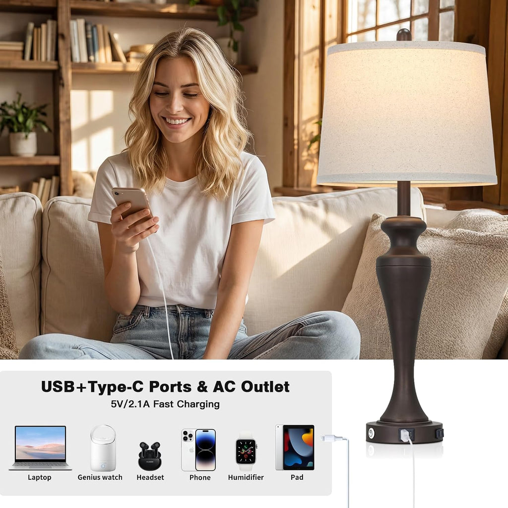Ruzectt 30" Dark Brown Table Lamp Single, 3-Way Touch Control Bedside Lamp with USB A+C Ports and AC Outlet, Tall Living Room Lamps for…
