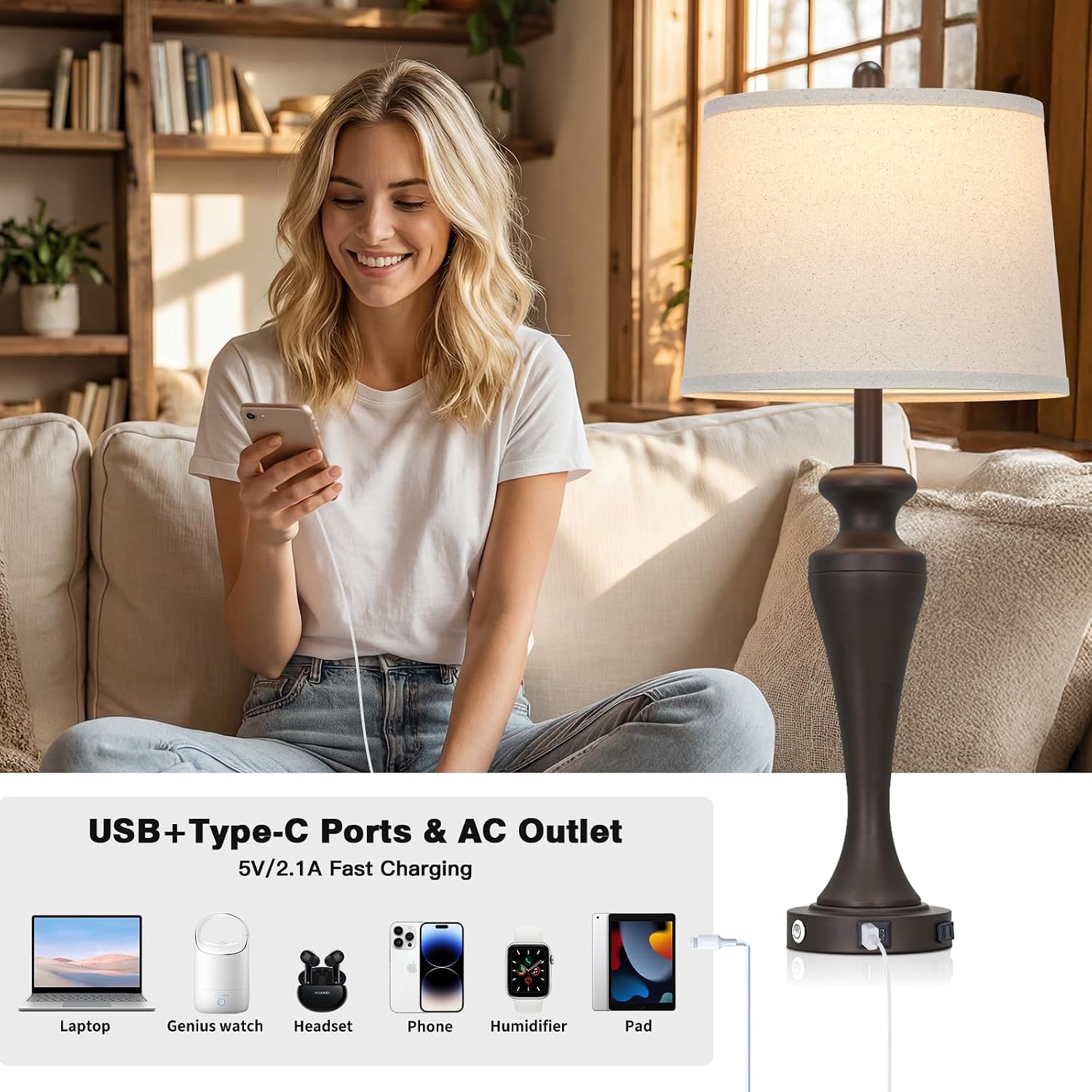 Ruzectt 30" Dark Brown Table Lamp Single, 3-Way Touch Control Bedside Lamp with USB A+C Ports and AC Outlet, Tall Living Room Lamps for…