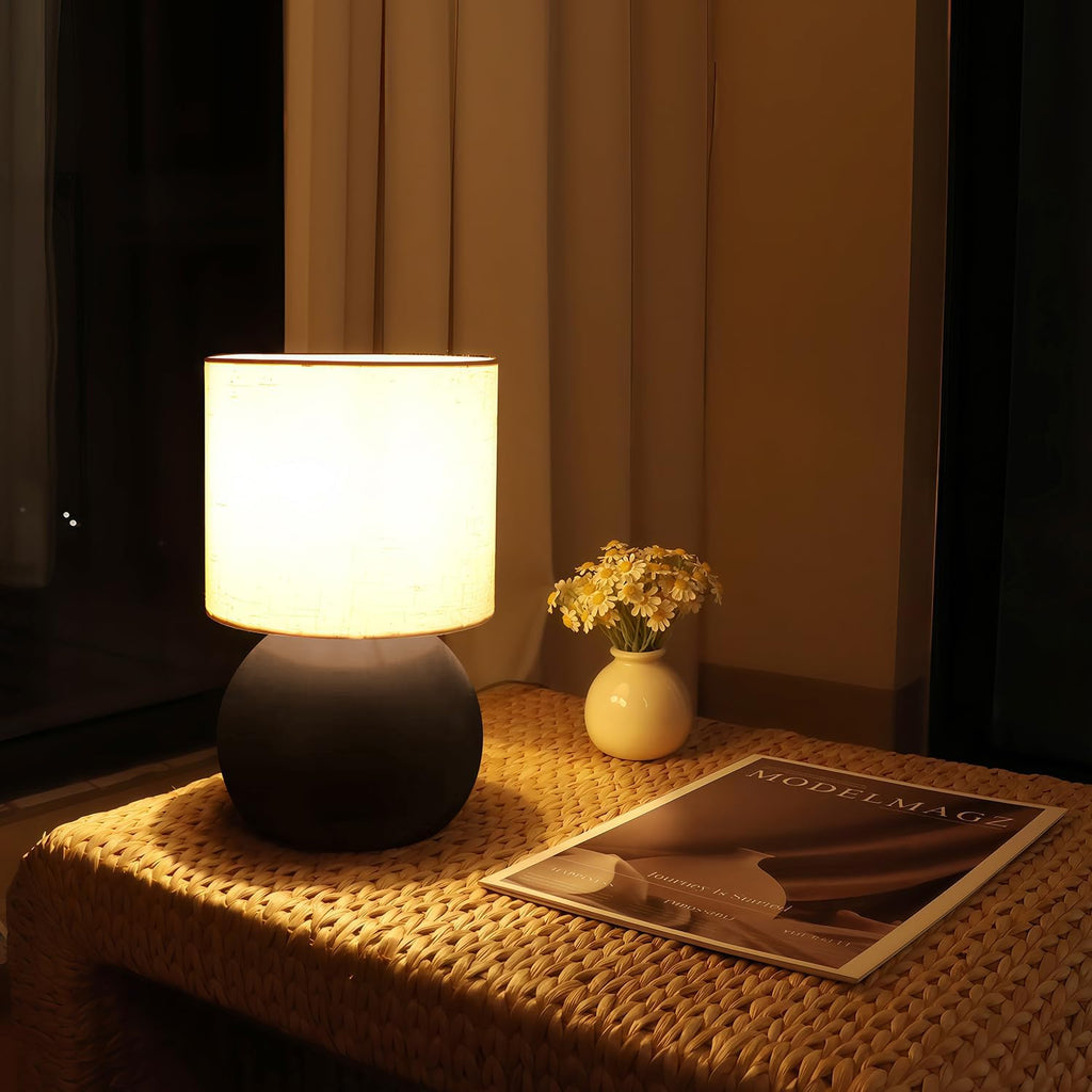 Modern Brown Small Table Lamp with Cotton Linen Shade, 6.3X6.3X10.4-inch LED Desk Light, One-Button Switch for Bedroom, Living Room…