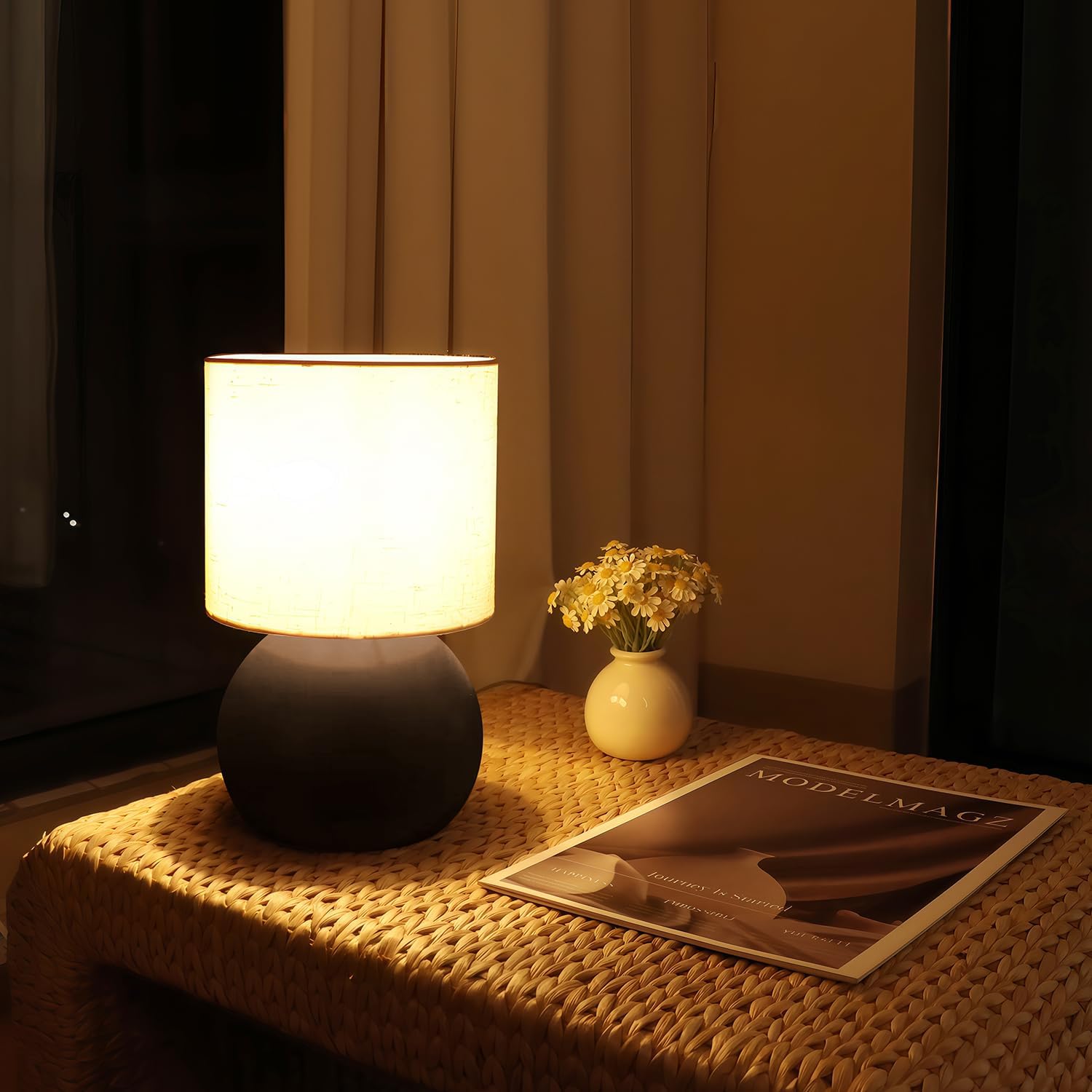 Modern Brown Small Table Lamp with Cotton Linen Shade, 6.3X6.3X10.4-inch LED Desk Light, One-Button Switch for Bedroom, Living Room…