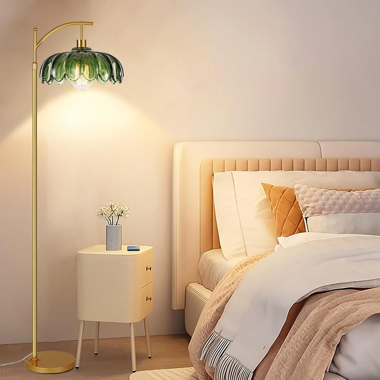 ZECOXOL Gold Floor Lamps for Living Room Vintage Green Floor Lamp with Remote Control & Glass Lampshape, Dimmable Mid Century Modern…