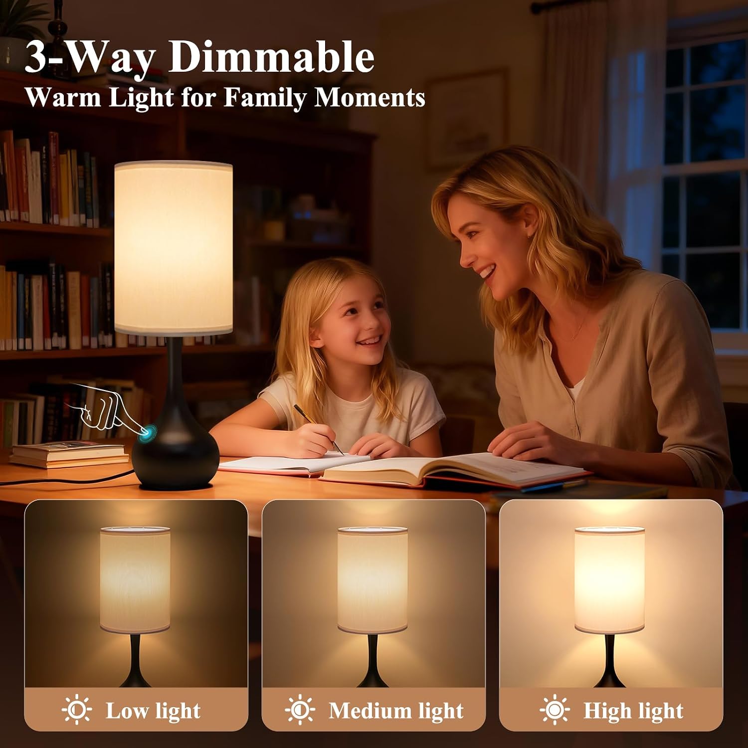 ONEWISH Touch Bedside Lamp for Bedroom, 3-Way Dimmable Table Lamps for Nightstand, White Fabric Shade Desk Lamp for Kids Reading, Living…