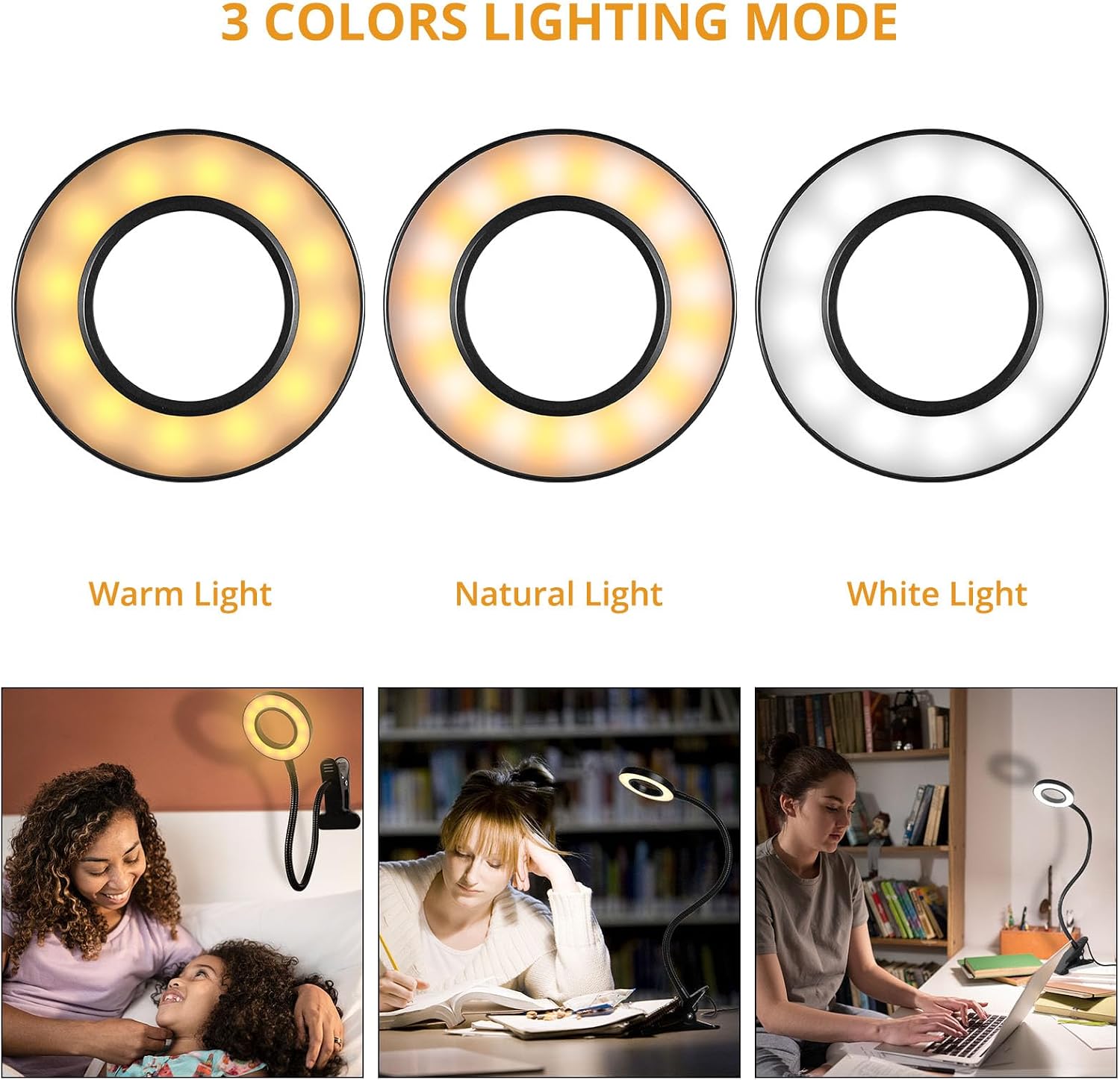 Woputne Desk Clip on Lamp for Reading Home Office, with 5V 2A Adapter, 10 Dimmable Brightness 3 Modes, Clamp Reading Light for Bed…