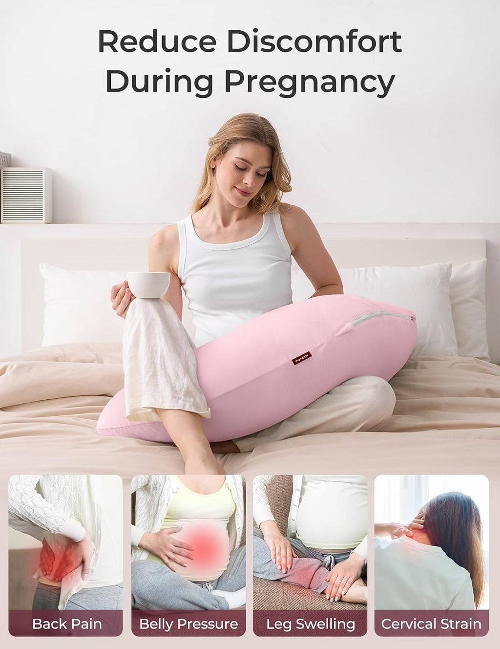 Momcozy Body Pillow for Pregnancy, J Shaped Pregnancy Pillows for Side Sleeping, Soft Maternity Pillow with Jersey Cotton Cover for Head Ne…