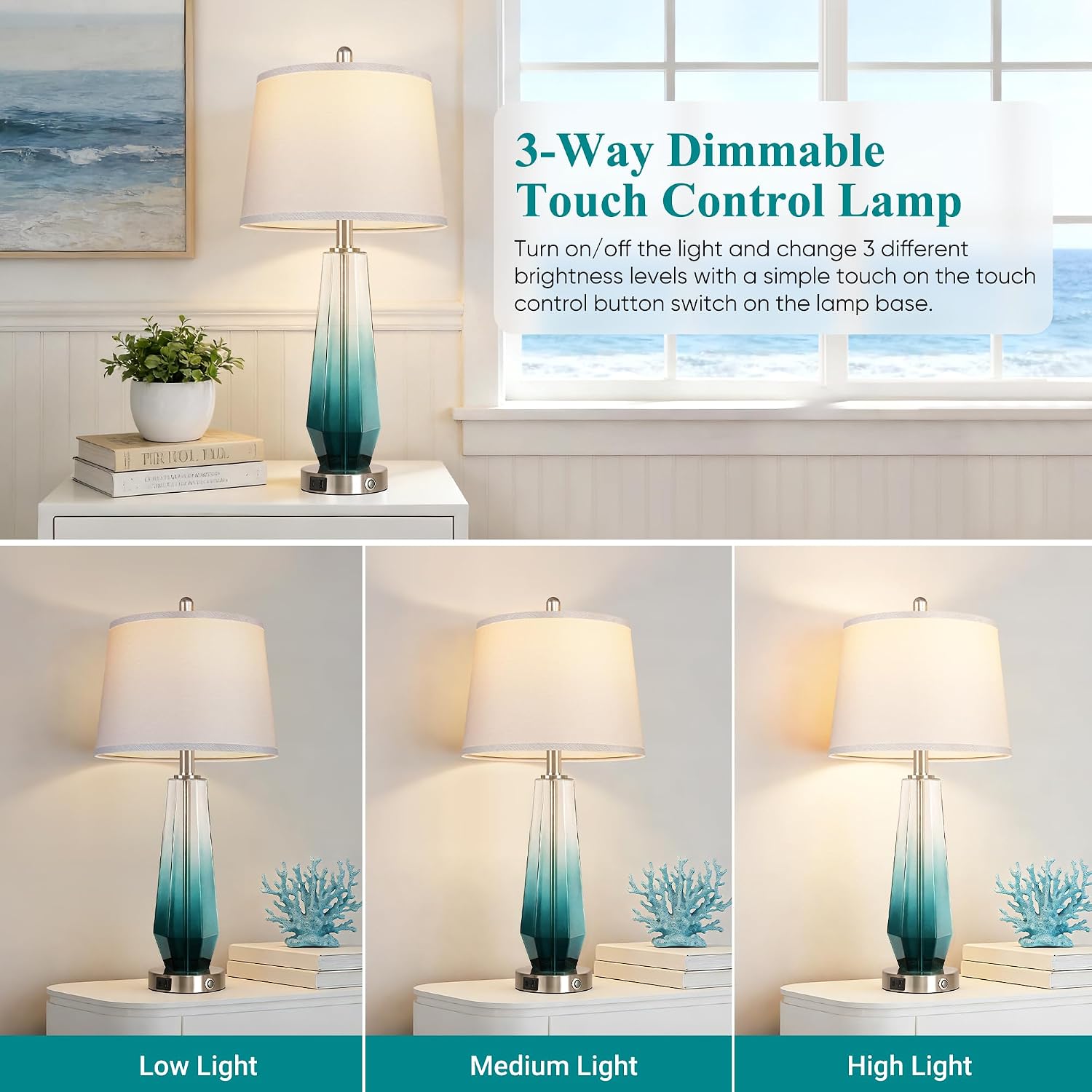 QiMH Glass Table lamps for living room, Modern Bedside Lamps for Bedrooms,27.5" Tall Nightstand Lamps Set of 2 with 3-Way Dimmable Touch…
