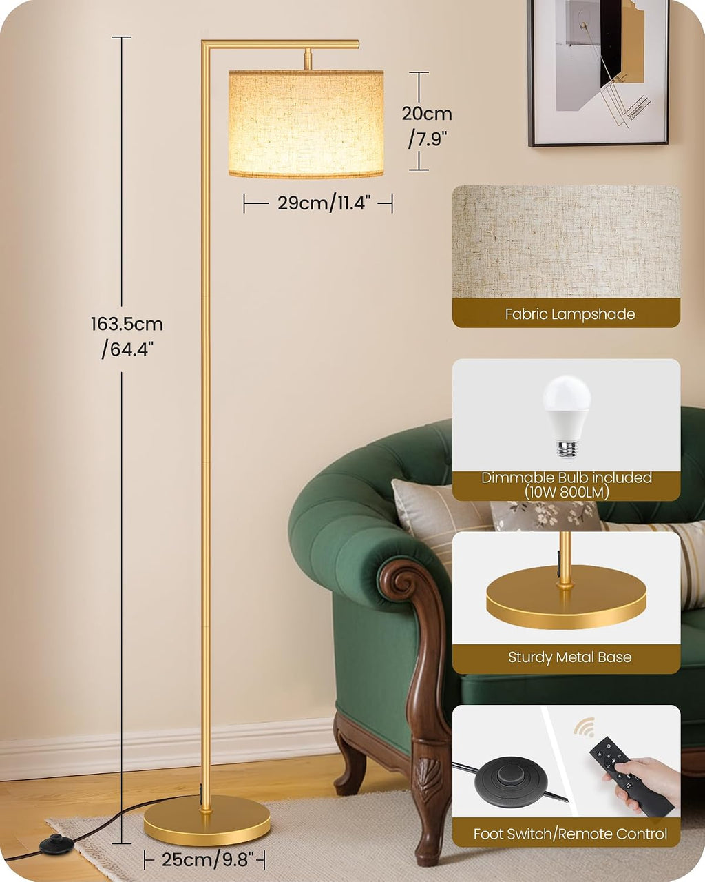 Goebleson Modern Dimmable Floor Lamp for Living Room, Corner Tall Lamp with Fabric Shade, LED Bulb Included, Arched Reading Light with Remo…
