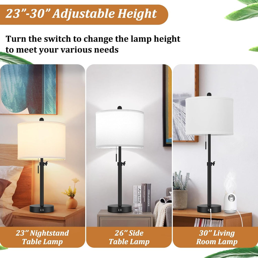 Kondras Table Lamp for Bedroom Set of 2, 23" to 30" Height Adjustable Bedside Lamp with 2 USB Ports, Black Nightstand Lamp with White…