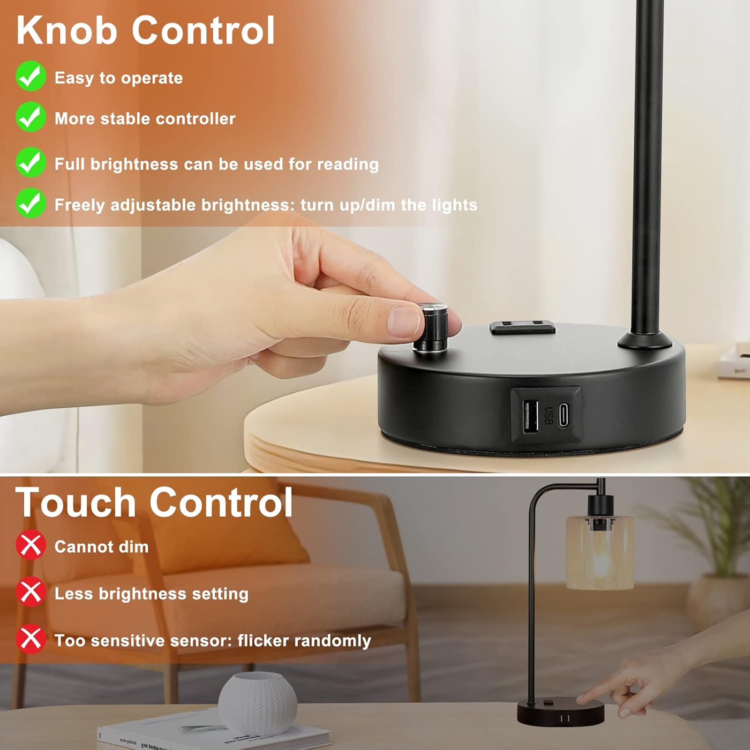 Industrial Desk Lamps for Office Set of 2 - Fully Dimmable Bedside Lamps with USB A C Ports and Outlet, Black Nightstand Lamps with Grey…