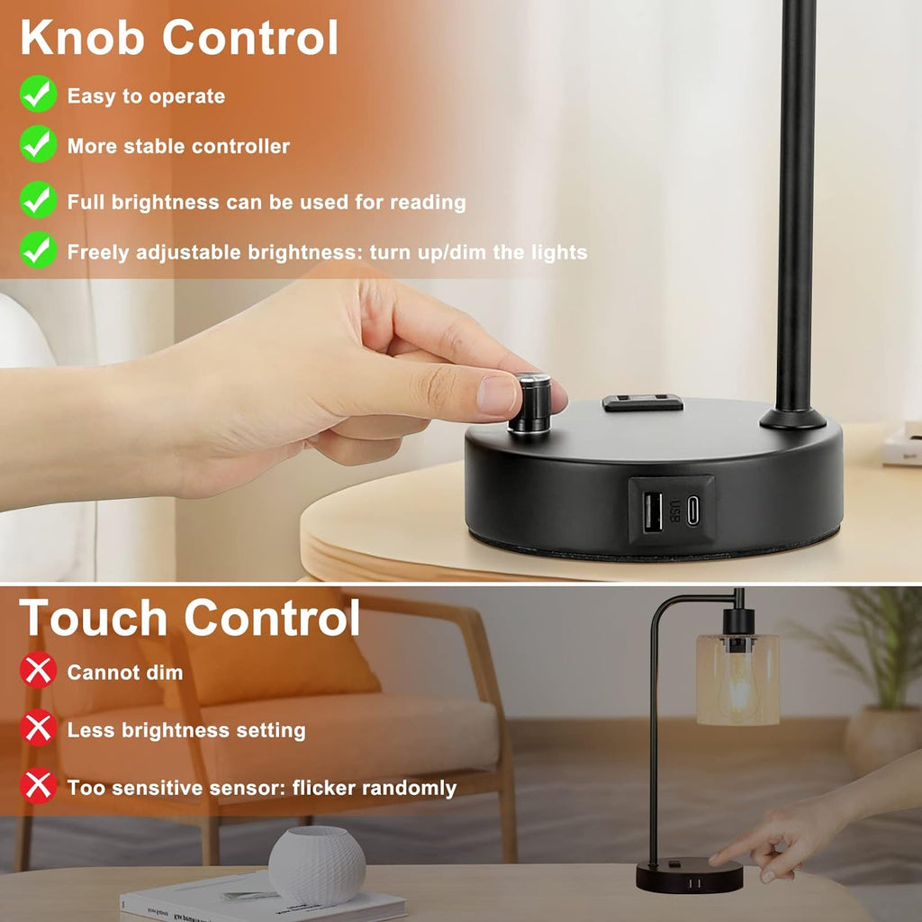 Industrial Table Lamps for Bedrooms Set of 2 - Fully Dimmable Bedside Lamps with USB A and C Ports and Outlet, Black Nightstand Lamps…