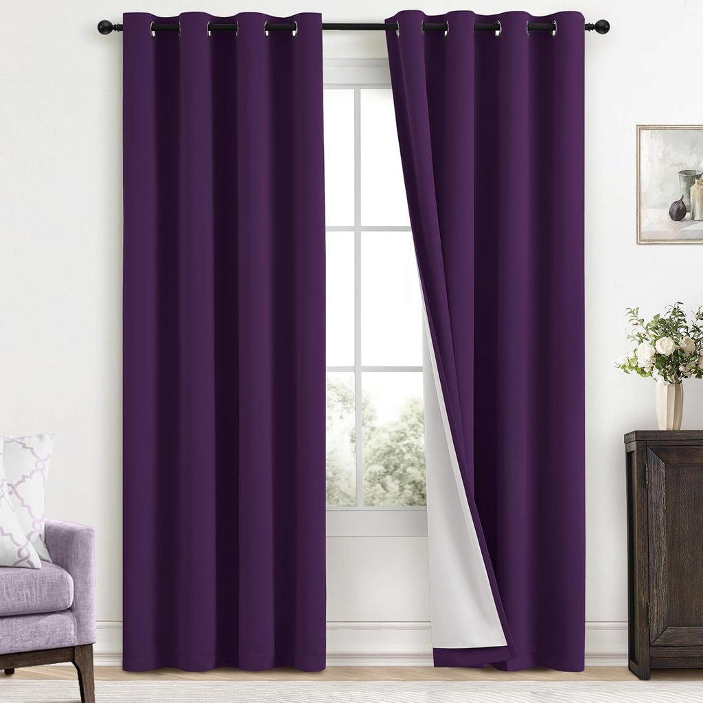 Yakamok Room Darkening 100% Blackout Curtains Grommet Window Treatments with 2 Thick Layers-Purple Thermal Insulated Drapes Set of 2 Panels…