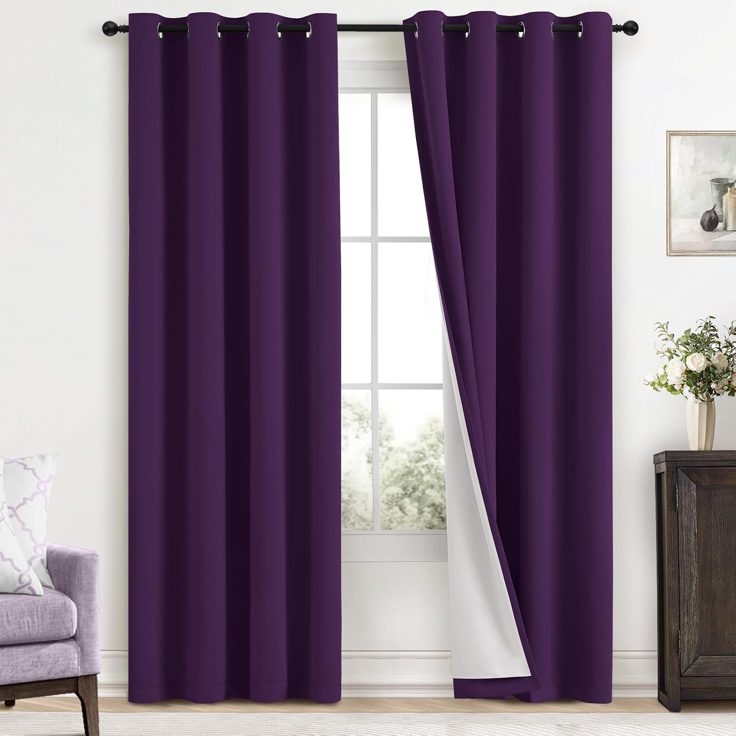 Yakamok Room Darkening 100% Blackout Curtains Grommet Window Treatments with 2 Thick Layers-Purple Thermal Insulated Drapes Set of 2 Panels…