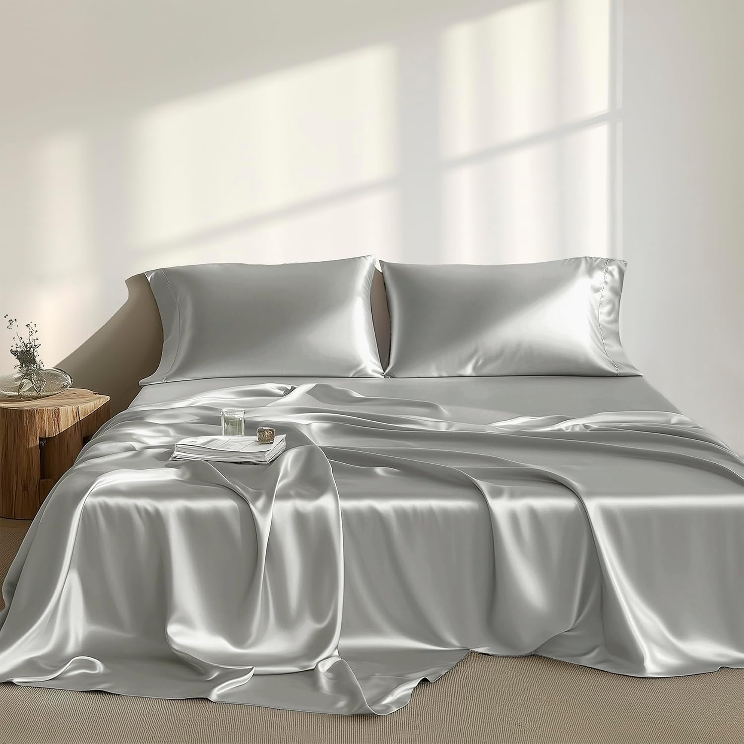 Madisonpark Madison Park Satin Sheets Twin Size, Luxurious Silky Bed Sheets, Elastic 14" Pocket fits up to 16" Mattress, Wrinkle-Free, Soft…
