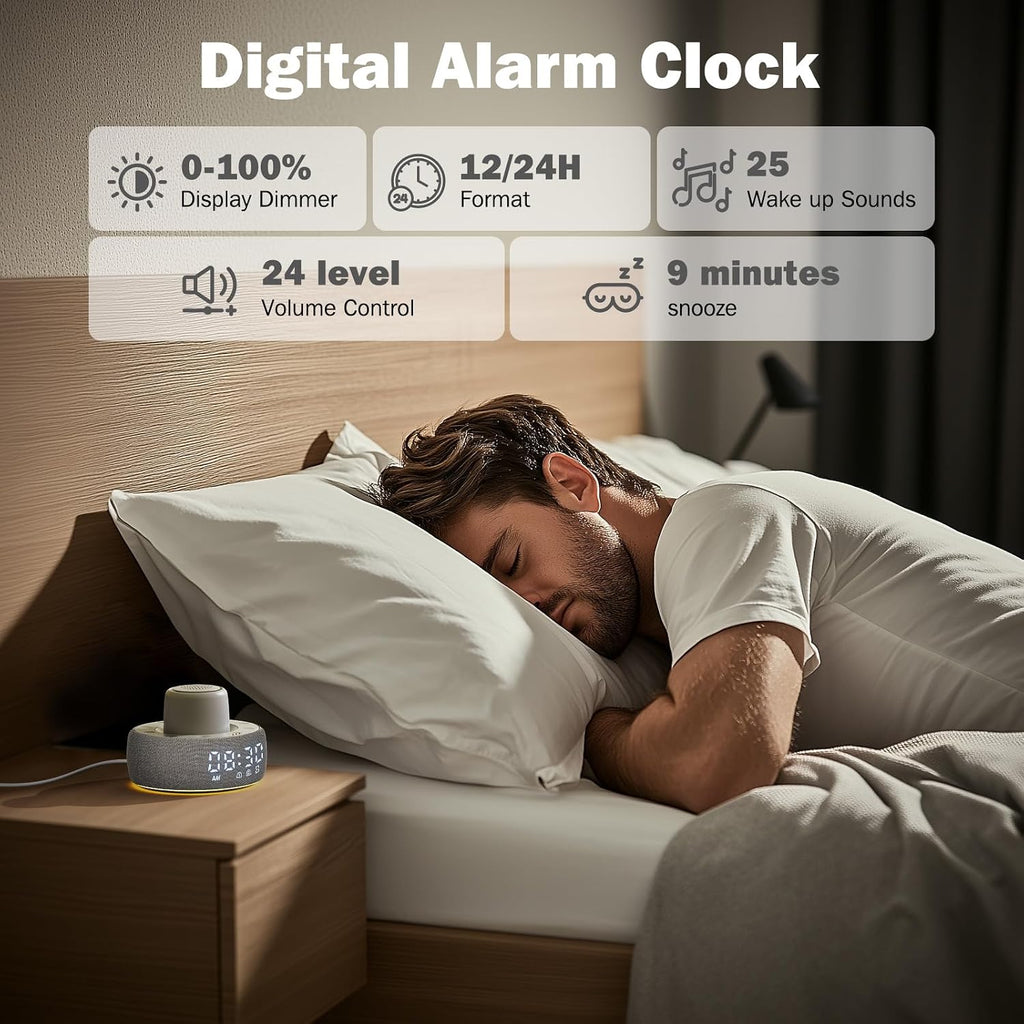 White Noise Machine with Smart Alarm Clock, 25 Soothing Sounds, Portable Sleep Sound Machine Aid for Baby, Kids, Adults, Office, Dimmable…