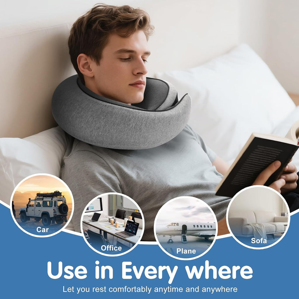 OrganizeItSimplifyYourSpac Travel Neck Pillow, Memory Foam Neck Support for Airplane, Car & Office, Breathable Portable Design with Eye Mas…