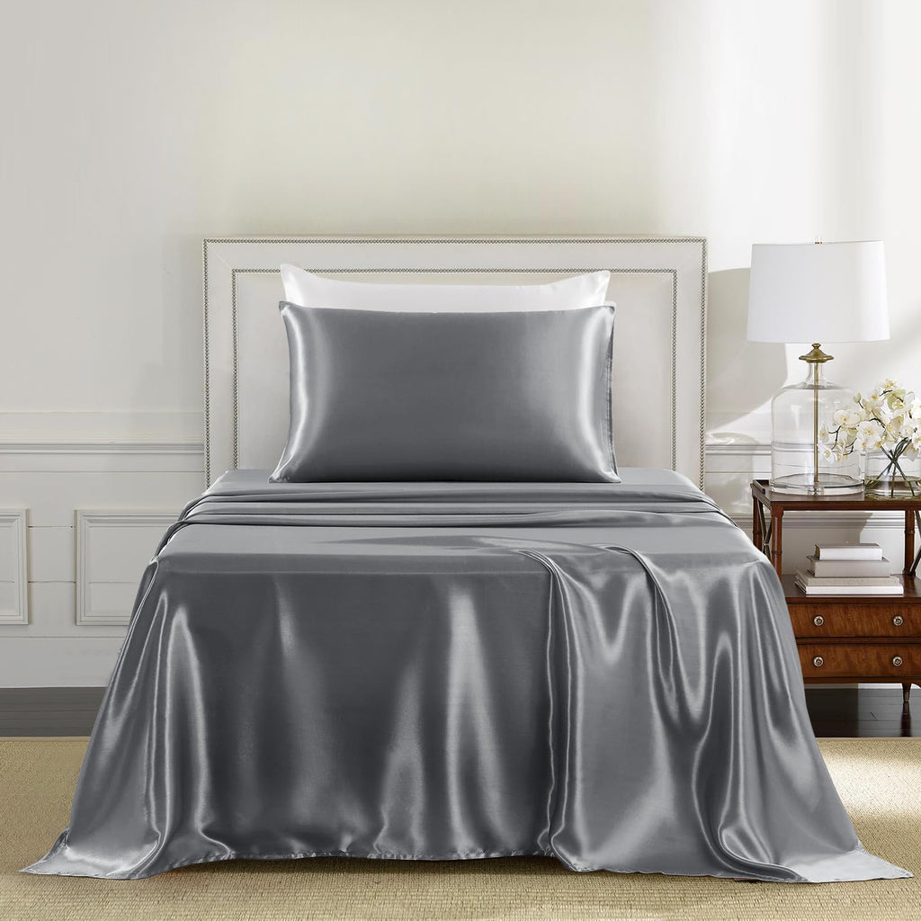 Golal Satin Sheets Twin Size - 3 Pieces Luxury Silky Soft Bed Sheets for Kids, Wrinkle-Free Dark Grey Satin Silk Sheet Set with 1 Deep Pock…