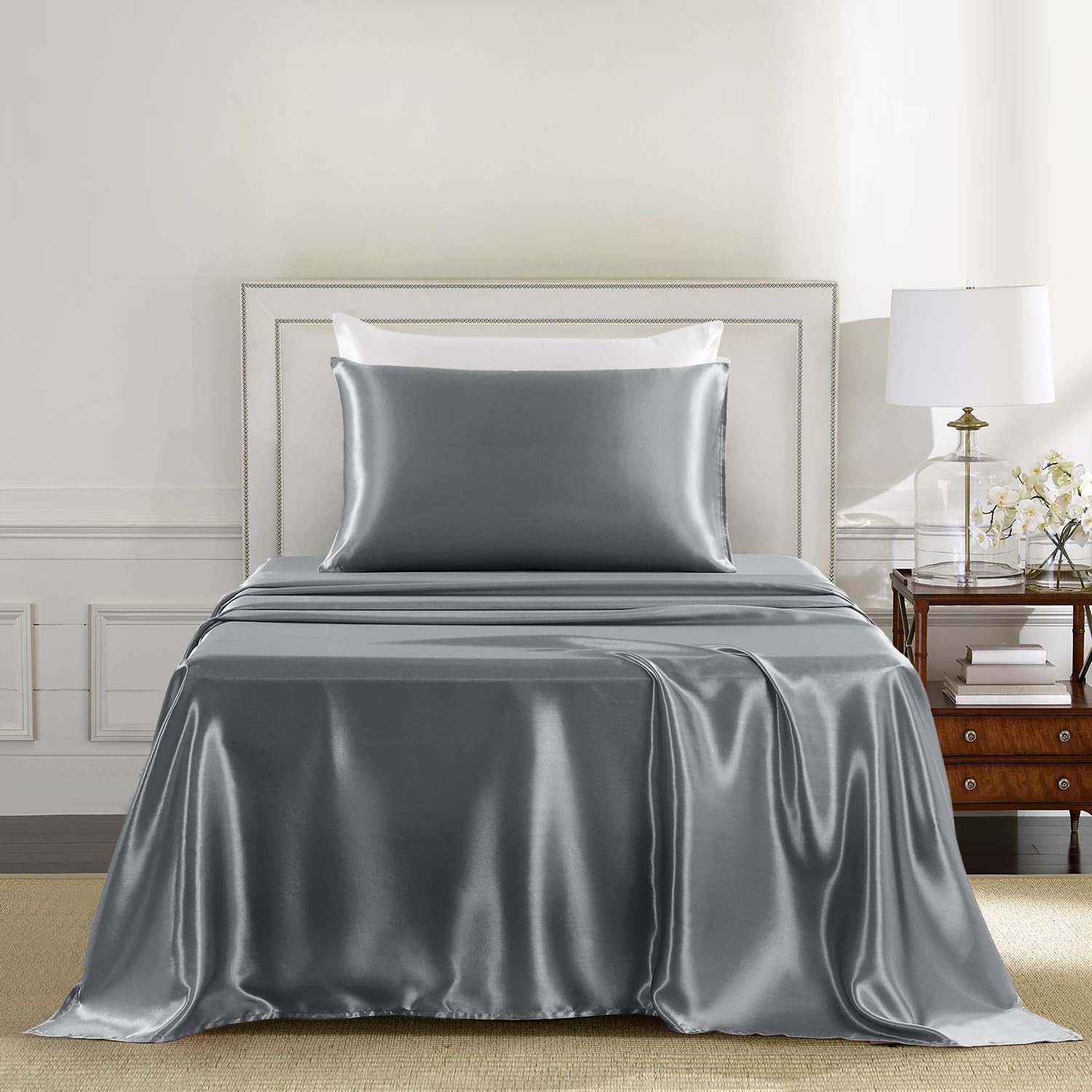 Golal Satin Sheets Twin XL Size - 3 Pieces Luxury Silky Soft Bed Sheets, Wrinkle-Free Dark Grey Satin Silk Sheet Set with 1 Deep Pocket Fit…