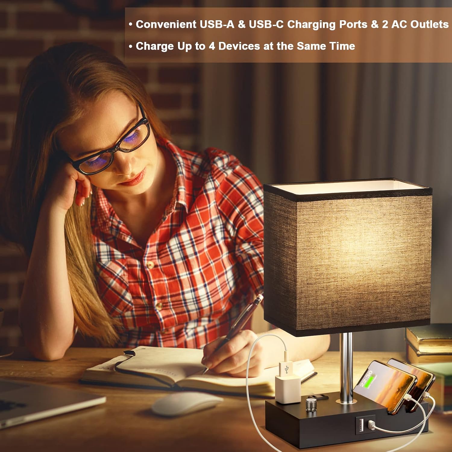 Kakanuo Table Lamp for Bedroom with Dual USB Ports, Fully Dimmable Black Bedside Lamp with Phone Stands and 2 Charging Outlets, Desk Lamp…