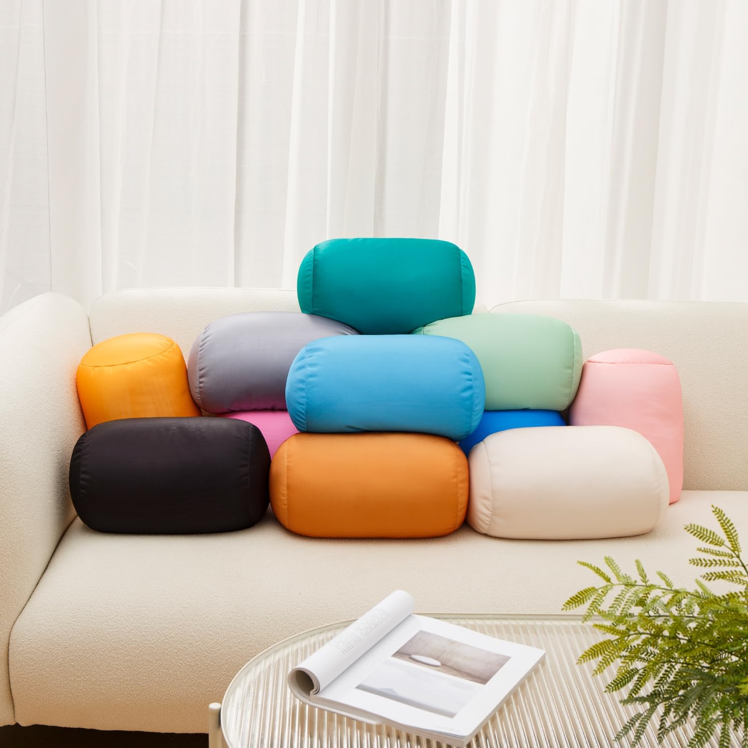 Squish Bean Bed Microbead Pillow Bolster Tube Body Pillow Smooth Cool Touch Fabric Neck & Back Support Throw Travel Pillow Fun Colors…