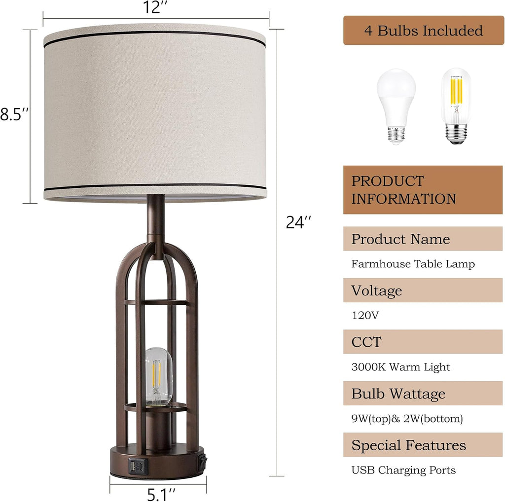 SRJJA Farmhouse Table Lamps for Living Room Bedroom Set of 2 - Rustic Industrial Bedside Lamps for Night Stands with USB A+C, 24" Vintage…
