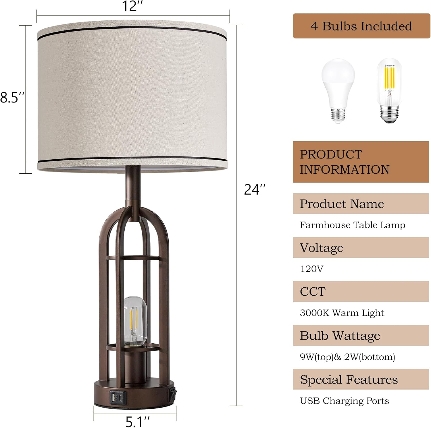 SRJJA Farmhouse Table Lamps for Living Room Bedroom Set of 2 - Rustic Industrial Bedside Lamps for Night Stands with USB A+C, 24" Vintage…